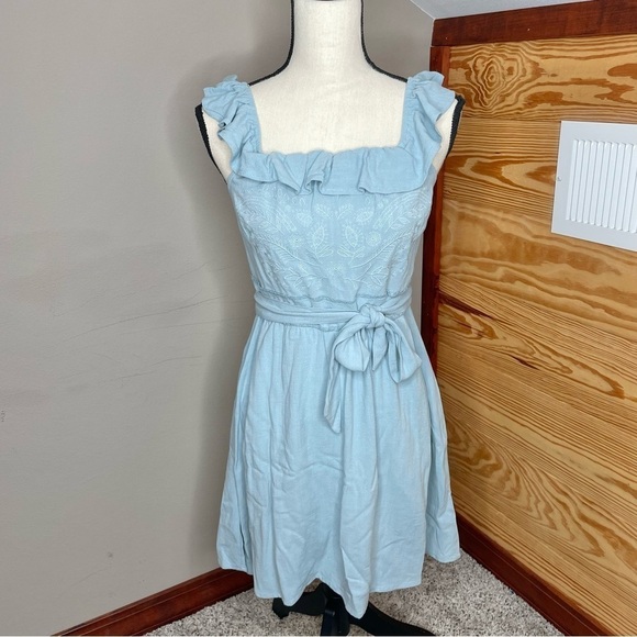 Altar’d State Blue Chambray Floral Embroidered Smocked Ruffle Mini Dress Medium - Picture 1 of 7
